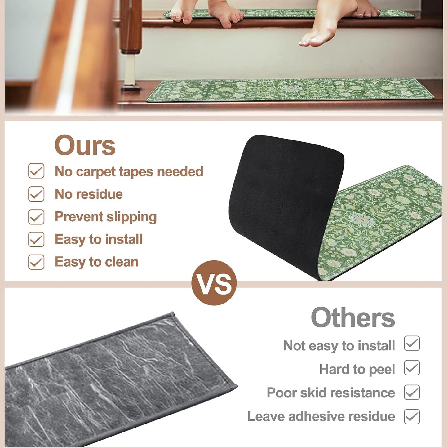 OJIA Floral Stair Treads Non-Slip Stair Runner for Wooden Steps Indoor 15PCS 30"x8" Carpet Stair Treads Stair Mats Staircase Step Treads for Kids, Elders and Dogs, Stair Covers, Black