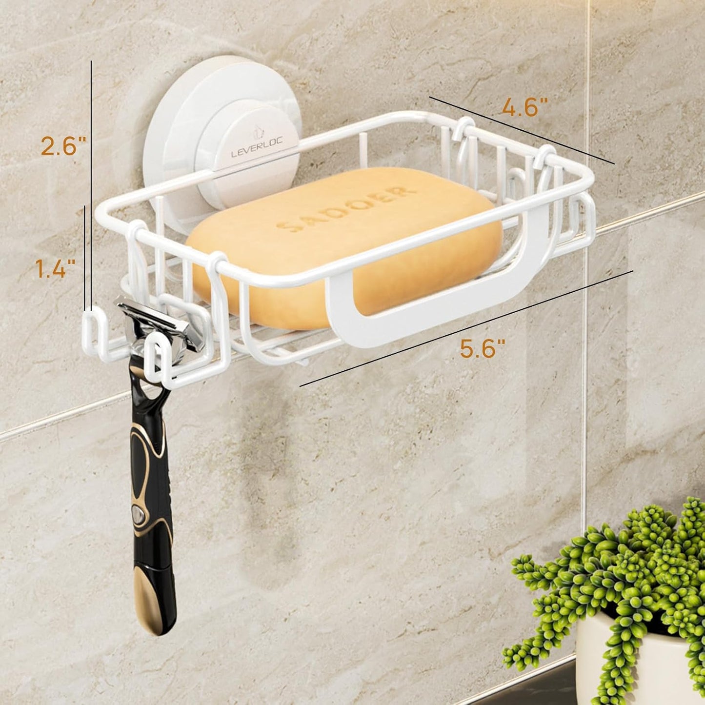 LEVERLOC Bar Soap Holder for Shower with Hooks, Suction Cup Soap Dish Rustproof Stainless Steel for Bathroom Accessories, Sponge Saver Black