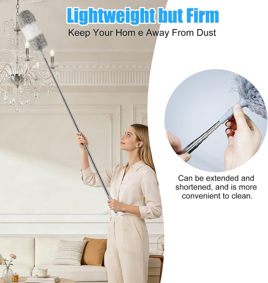 Microfiber Feather Duster, 110 Inch Extendable Telescoping Pole Duster with Bendable Washable Head, Long Handle Cleaning Duster for Ceiling Fan, High Ceiling, Blinds, Furniture and Cars(Gray)