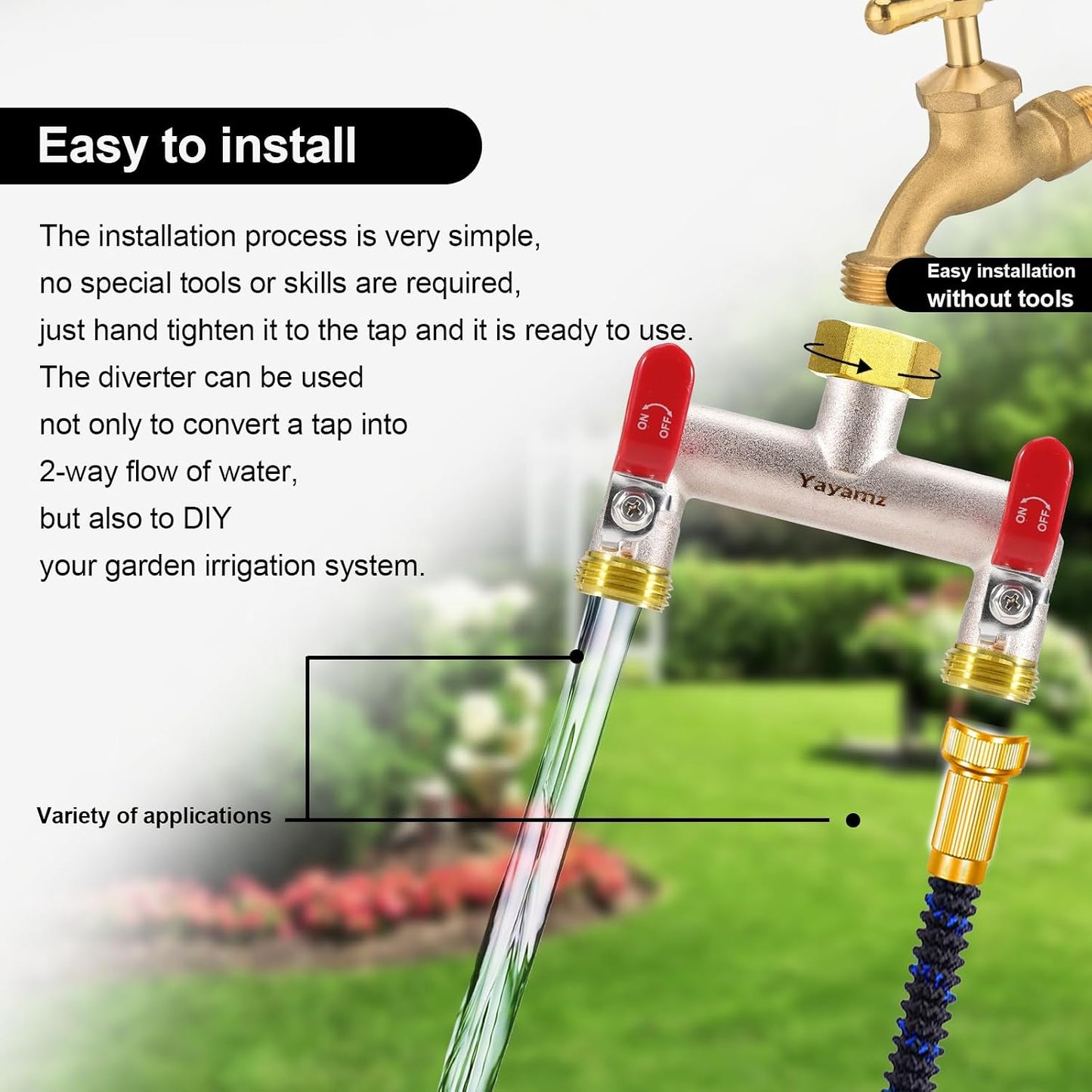 Garden Hose Splitter, 3/4” Rust and Freeze Resistant Outdoor Hose Manifold with 2 Red Extra Long Handles Faucet Adapter-Heavy Duty Brass Nickel Plated 2-Way Valve