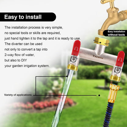 Garden Hose Splitter, 3/4” Rust and Freeze Resistant Outdoor Hose Manifold with 2 Red Extra Long Handles Faucet Adapter-Heavy Duty Brass Nickel Plated 2-Way Valve