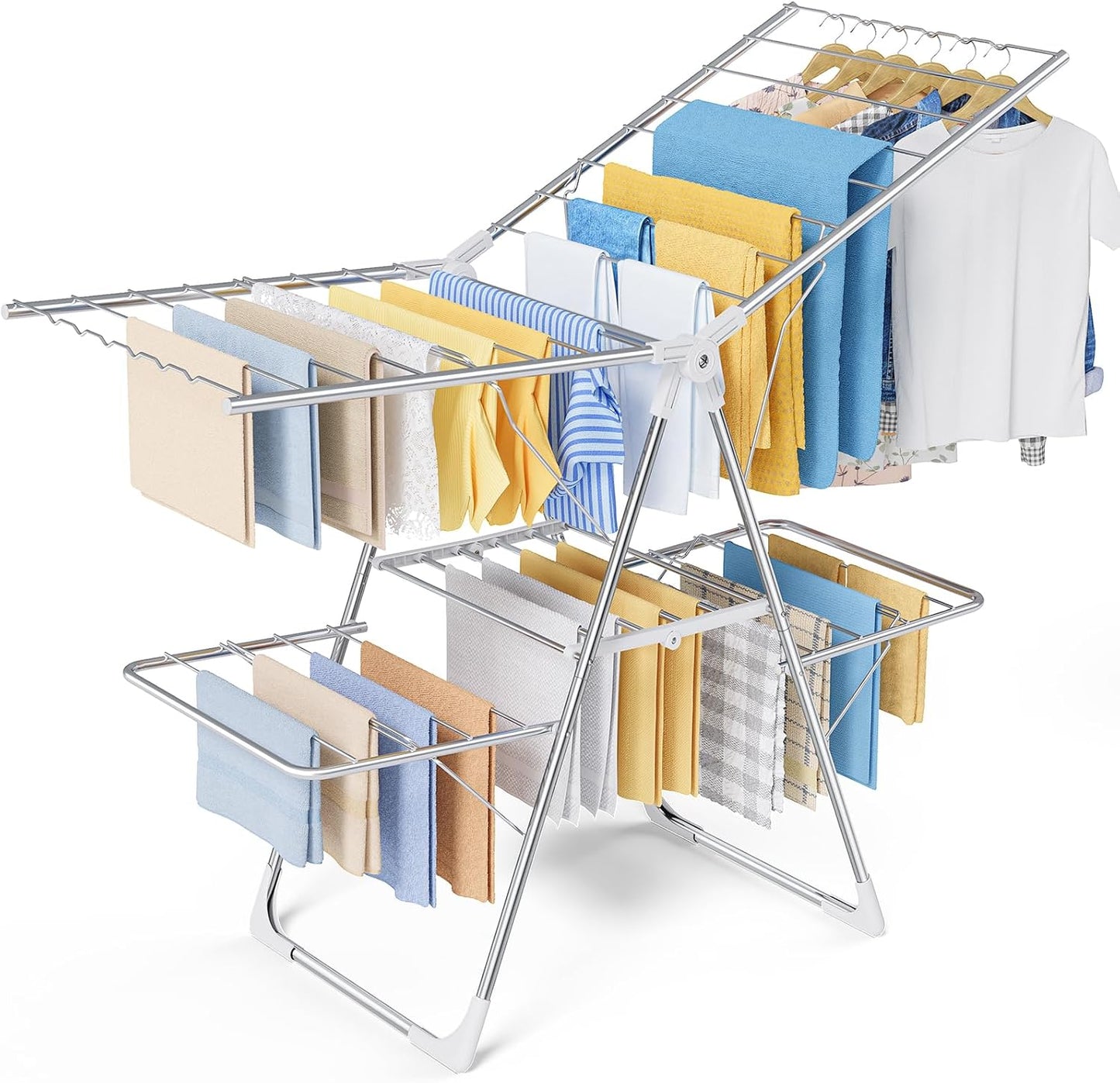 Sakugi Clothes Drying Rack, Foldable 2-Level Laundry Drying Rack with Height-Adjustable Wings, for Clothing & Bedding, Free-Standing Space-Saving Rack, Indoor & Outdoor, 55.5" L × 22.8" W, Gray