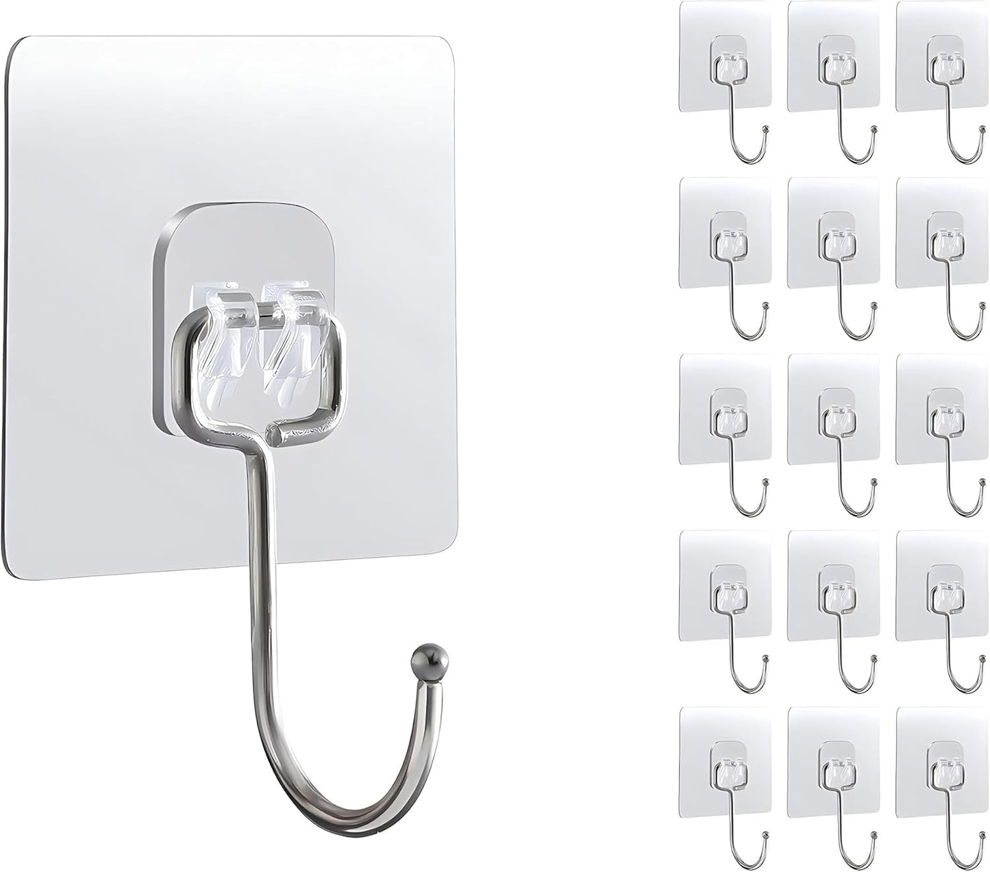 15-Pack Large Adhesive Hooks Heavy Duty 33 lbs - Transparent Waterproof Wall Hooks for Towels & Robes, No Damage