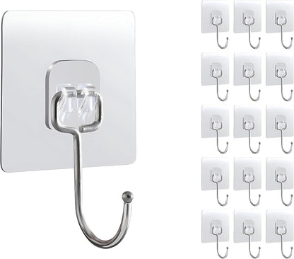 15-Pack Large Adhesive Hooks Heavy Duty 33 lbs - Transparent Waterproof Wall Hooks for Towels & Robes, No Damage
