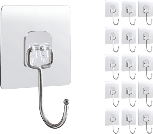 15-Pack Large Adhesive Hooks Heavy Duty 33 lbs - Transparent Waterproof Wall Hooks for Towels & Robes, No Damage