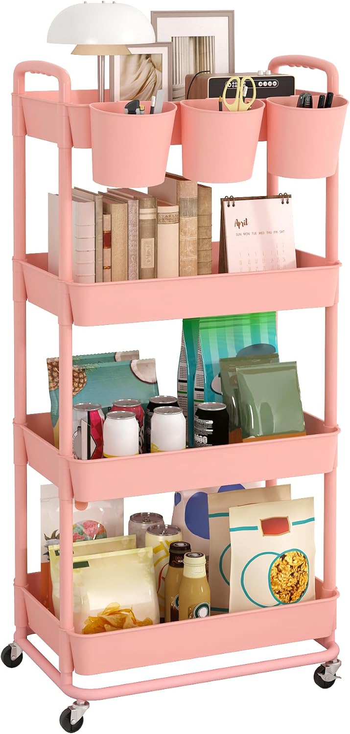 JIUYOTREE 4-Tier Plastic Rolling Storage Cart Utility Cart with Extra Hanging Cups Handles Lockable Wheels for Living Room Bathroom Kitchen Office White