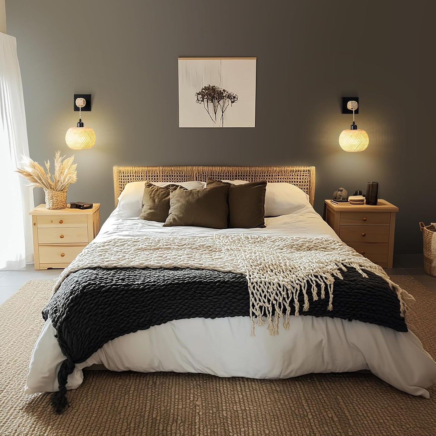 Battery Operated Wall Sconce with Remote Set of 2, Rechargeable Rattan Wall Sconces with 8000mAh Bulbs, Woven Bamboo Wall Light/Lamp Boho Wall Sconce for Bedroom (Black)
