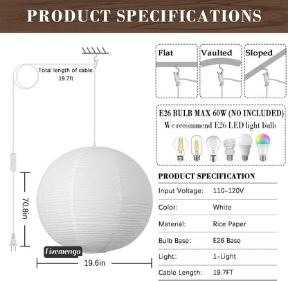 Paper Lantern Lamp Plug in Hanging Lamp 23.6in Off-White Rice Paper Pendant Light with 19.7FT Cord Large Globe Japanese Japandi Wabi Sabi Chandelier for Dining Living Room Bedroom 1 Pack