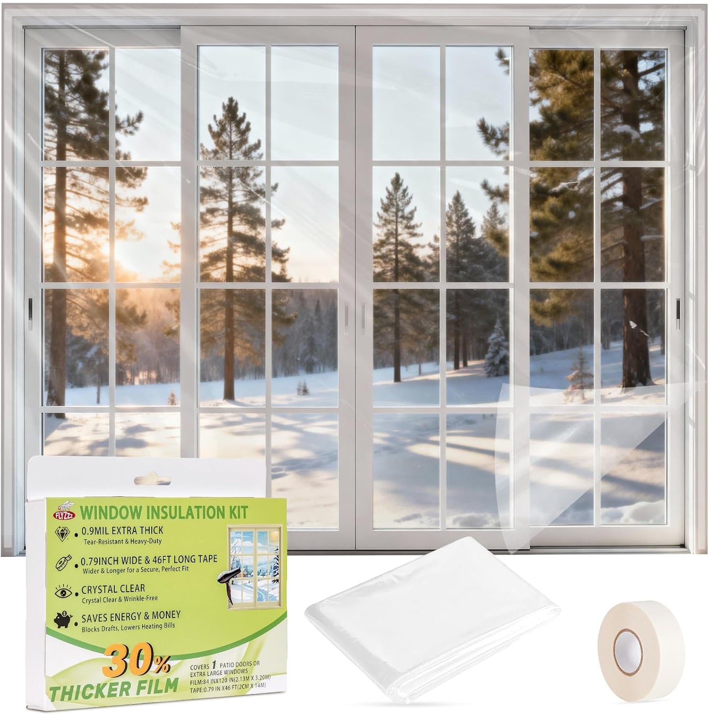 FLYZZZ Patio Door Window Insulation Kit, 84X120in Heavy Duty (0.9 Mil) Winter Shrink Film, Indoor Plastic Covering with Wide Tape for One Standard Patio Door/Extra Large Window