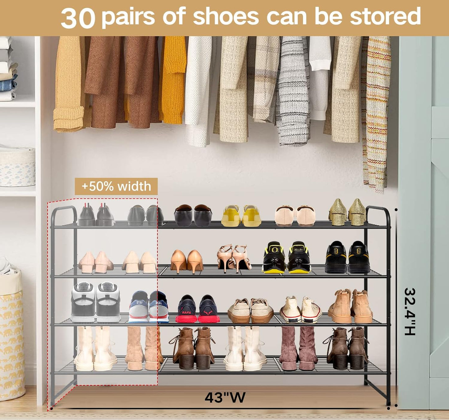 KEETDY 3-Tier Long Shoe Rack for Closet Metal Shoe Organizer for Entryway, Wide Stackable Shoe Storage Shelf with Sturdy Wire Grid for Closet Floor, Bedroom, Black