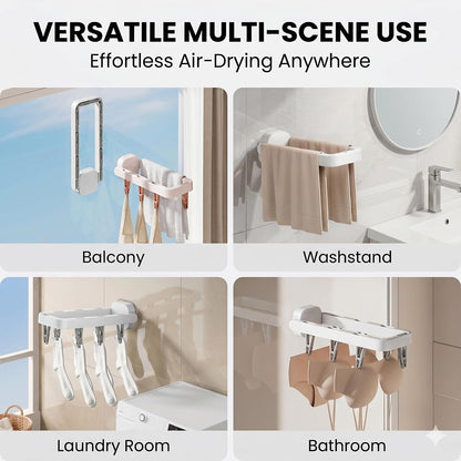 Foldable Wall Mounted Drying Rack with 7 Hidden Clips, Punch-Free Adhesive Sock & Underwear Hanger, Collapsible Space-Saving Laundry Rack for Bathroom, Balcony & Washstand, Holds 11 lbs (White-1 Pcs)