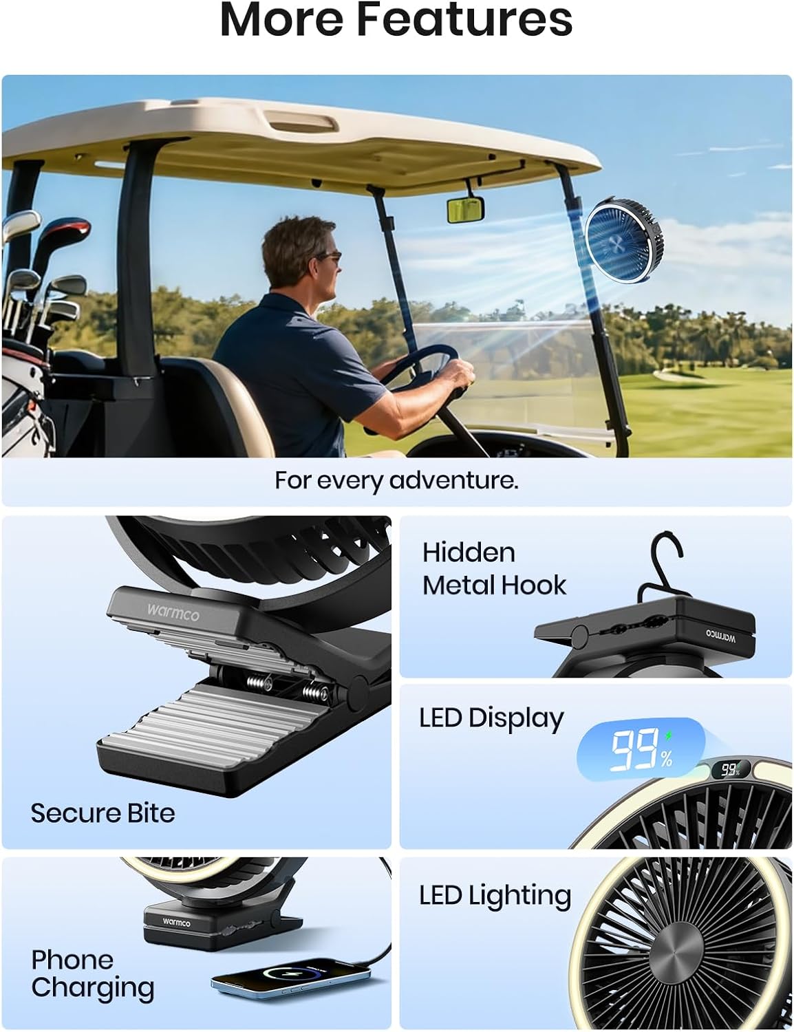 Warmco 15000mAh Clip on Fan with LED Light for Camping and Golf Car | 12-30H Runtime, 300H+ Light, USB-C Two-Way Charging, 3-Level LED Light, Clip Hook Desk Use, 4 Speeds