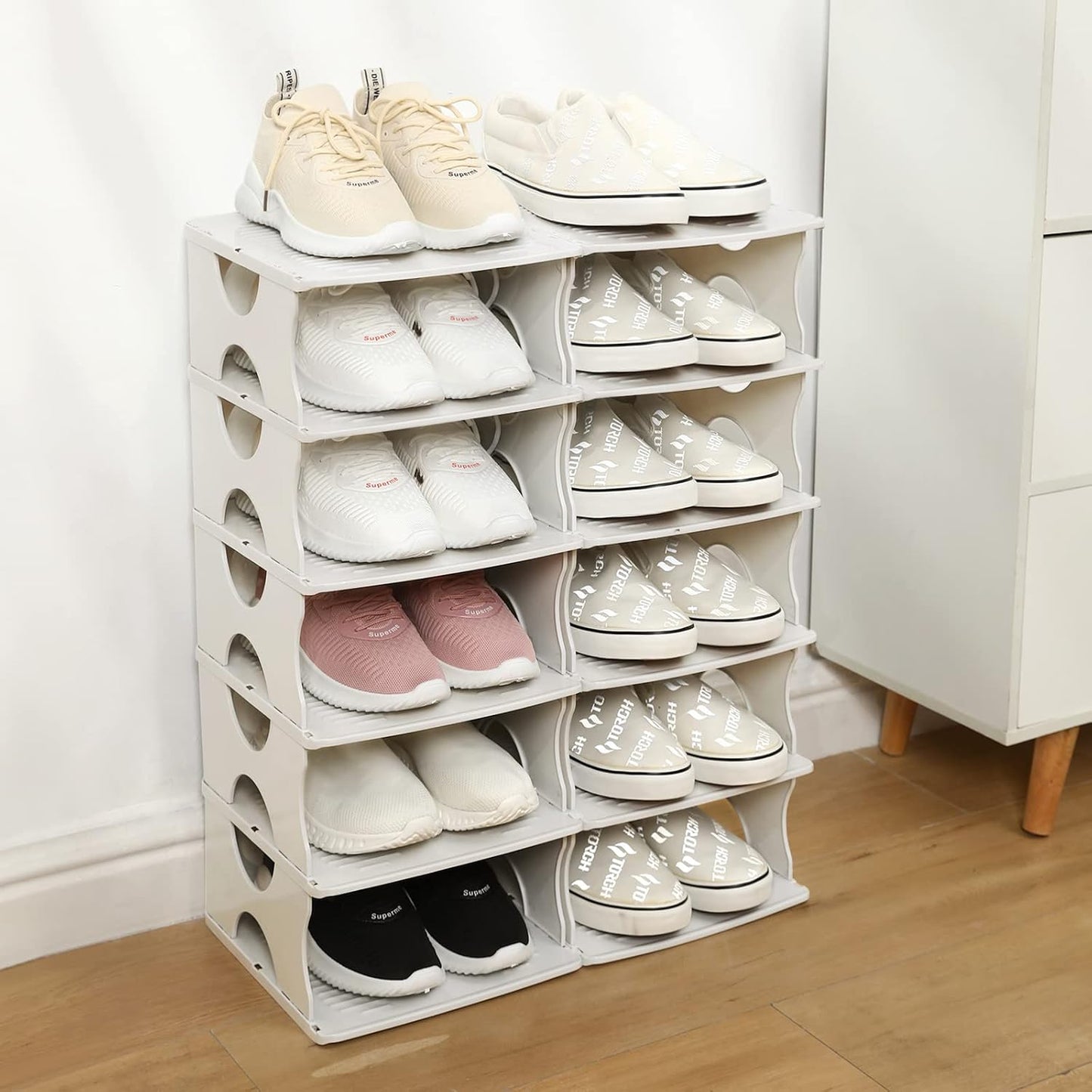 6-Tier Shoe Rack, Stackable Storage Organizer for Bedroom Entry, Adjustable Rack, Shoe Slots Shelf, Easy Tower Rack, Grey