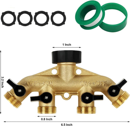 Lifynste 4 Way Brass Hose Splitter, 3/4" Brass Hose Faucet Manifold, Garden Hose Adapter Connector