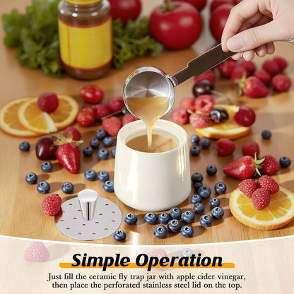 Ceramic Fruit Fly Trap for Indoors, Reusable Kitchen Fly Catcher with Stainless Steel Vent Lid, Uses Safe & Natural Vinegar Bait Trap, Dishwasher Safe, Easy to Use (White,1 Pack)