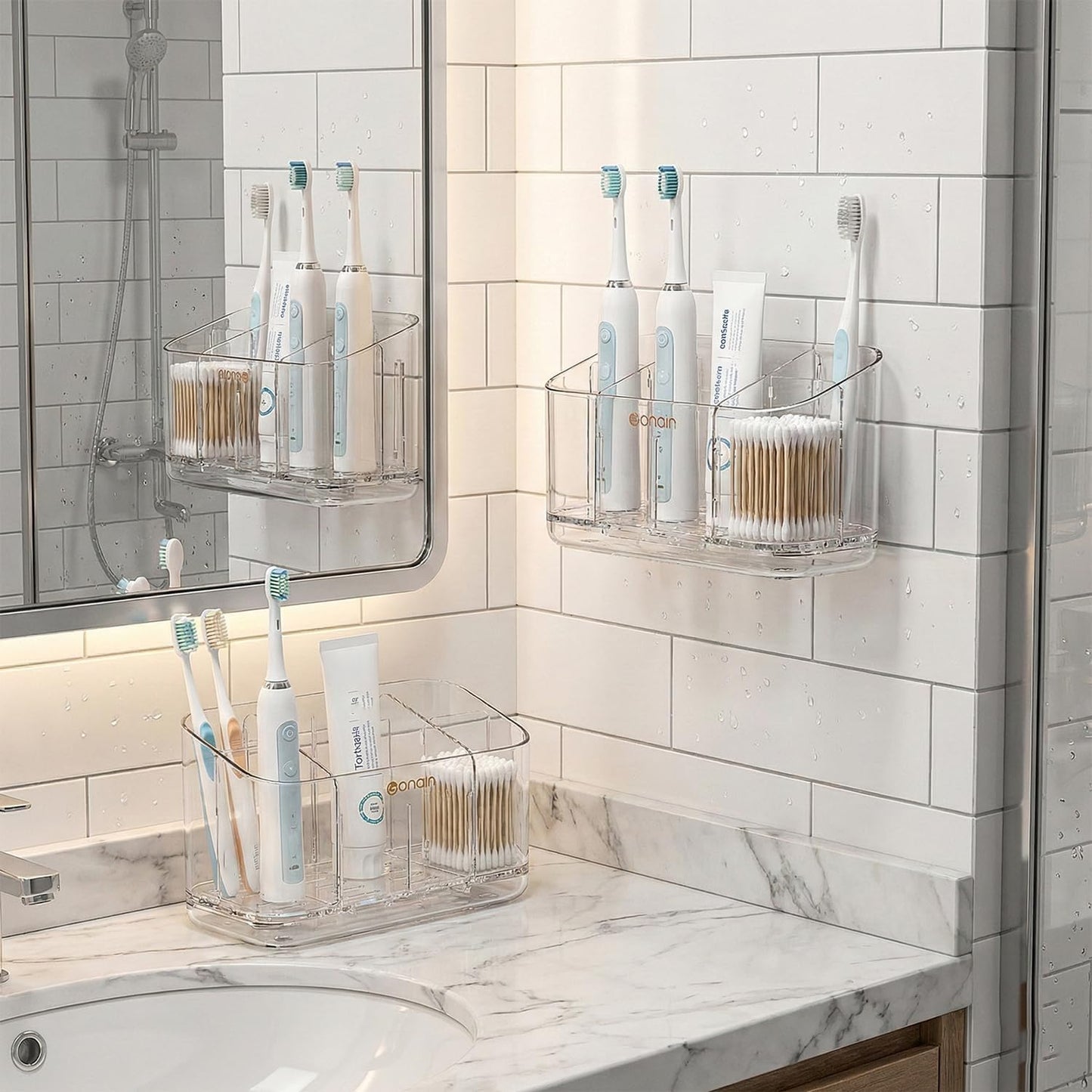 Toothbrush Holder for Bathroom Wall Mounted, 5 Slots Acrylic Toothbrush and Toothpaste Organizer Removable Dividers, Large Capacity Electric Toothbrush Holder for Family Bathroom Accessories, Clear