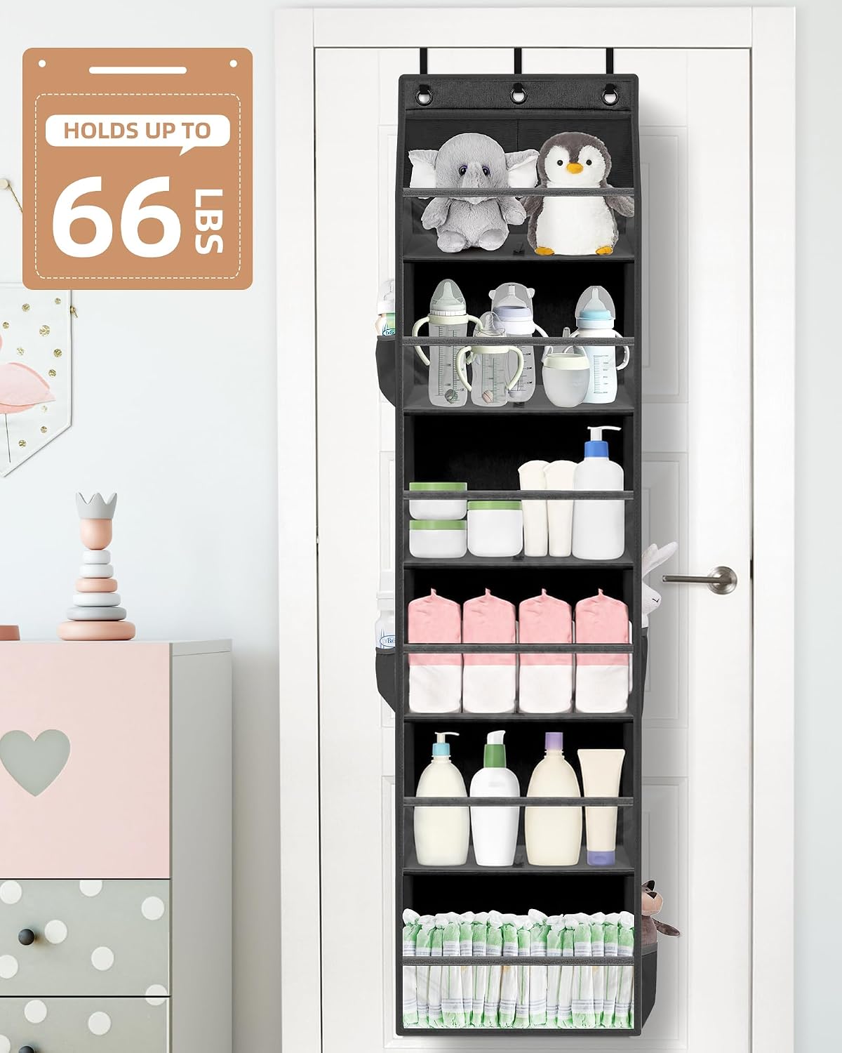 STORAGE MANIAC Over the Door Organizer 6-Shelf Closet Hanging Storage with 14 Mesh Pockets, 66lbs Capacity Clear Deep Pockets Behind Door Storage for Nursery, Bathroom, Bedroom, 1 Pack Grey