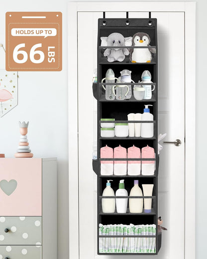 STORAGE MANIAC Over the Door Organizer 6-Shelf Closet Hanging Storage with 14 Mesh Pockets, 66lbs Capacity Clear Deep Pockets Behind Door Storage for Nursery, Bathroom, Bedroom, 1 Pack Grey