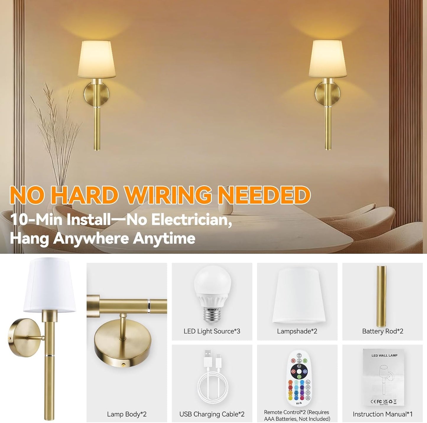 Neddie Battery Operated Wall Sconce Set of 2,Gold Rechargeable Wall Sconce,3 Dimmable Light Bulbs with Remote Control – 12-Color Wireless Wall Sconces, Ideal for Bedrooms, Living Rooms& Hallways