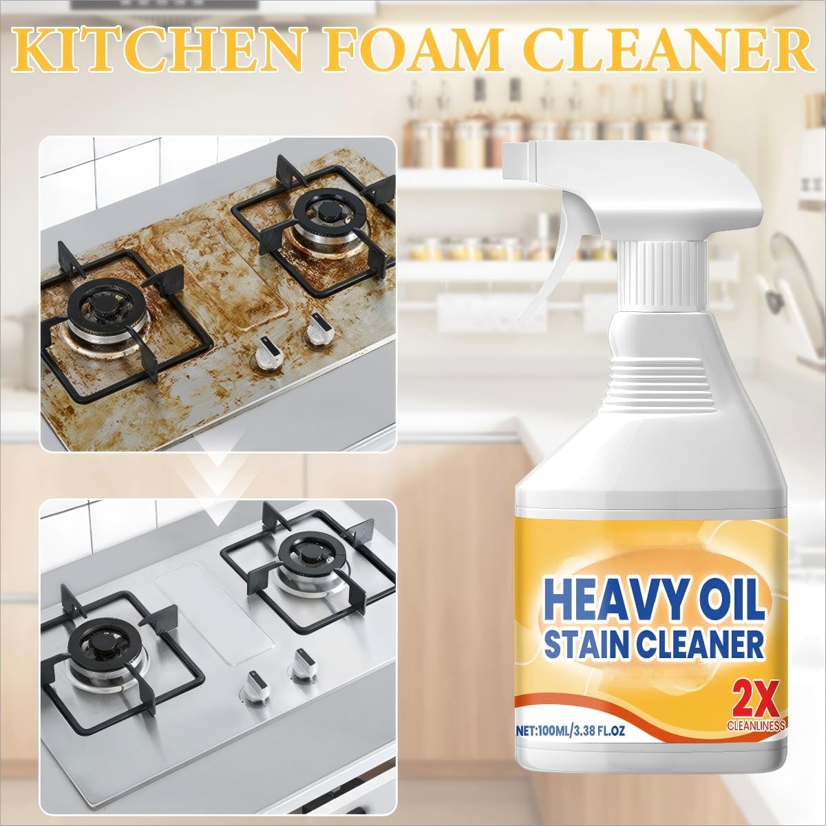 Wanban 2pc Heavy Duty Degreaser Cleaner Spray - Kitchen Heavy Oil Clean for Stubborn Oil Stains, All-Purpose Cleaner & Kitchen Degreaser for Tough Surfaces