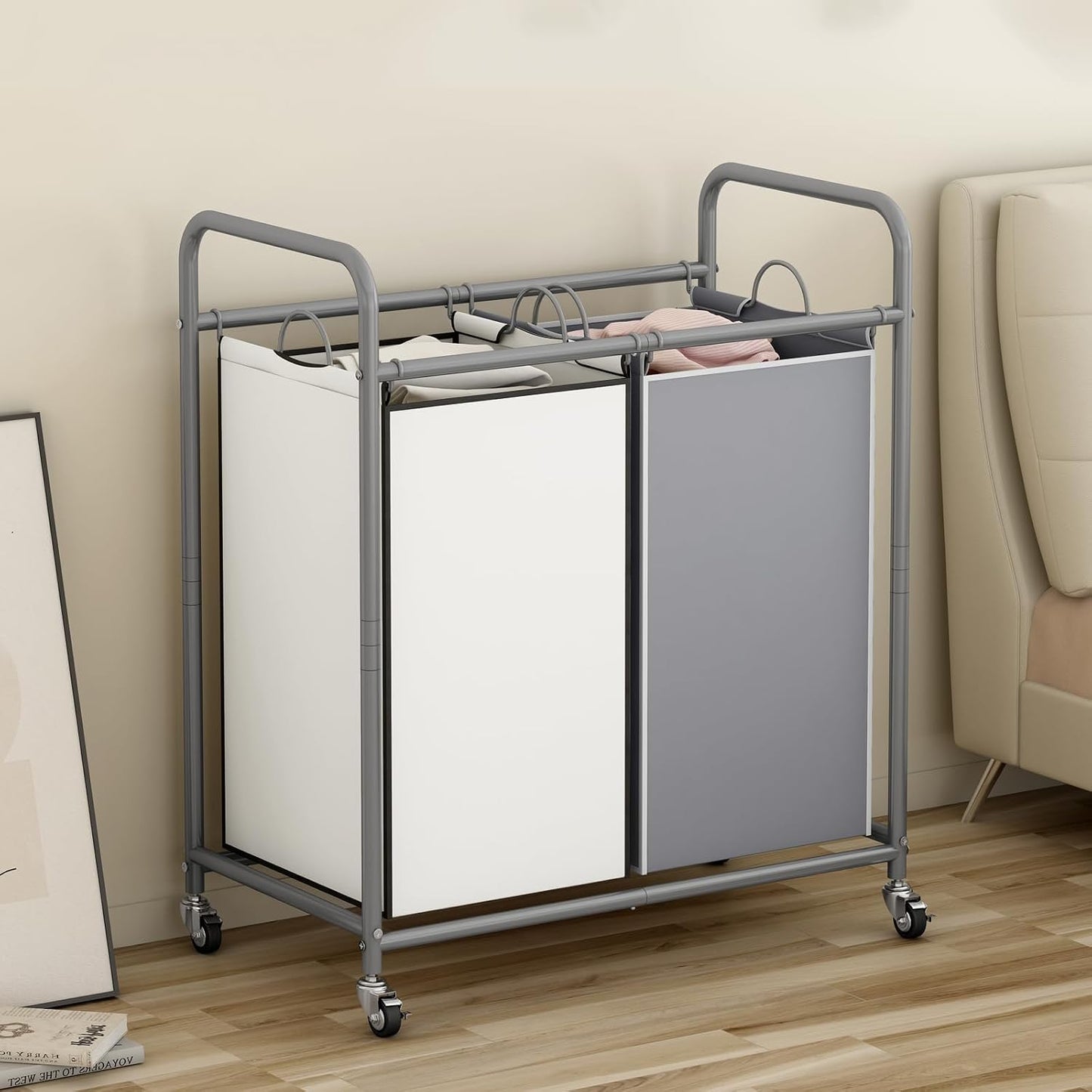 SUOERNUO Laundry Sorter Basket 2 Bag Laundry Hamper Cart with Rolling Lockable Wheels and Removable Bags Laundry Organizer Cart for Clothes Storage, Assorted