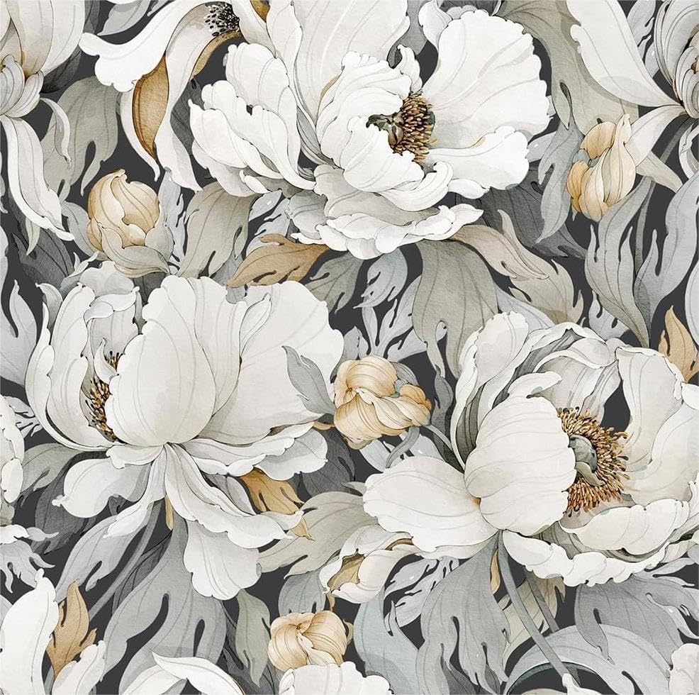 MuralPeel Dark Grey White Poppies Peony Floral Vintage Peel and Stick Wallpaper Self Adhesive Removable Easy Peel Off Stick on Wall Paper for Bedroom Cabinet Renter