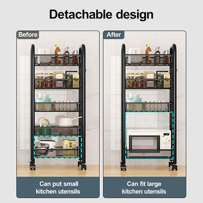 5-Tier Rolling Cart, Stackable Fruit Vegetable Rack, Kitchen Mesh Storage Basket with 360 Degree Wheels, Snack Cart for Kitchen Pantry Bathroom Organizer Heighten Guardrail Detachable (5-Tier Black)