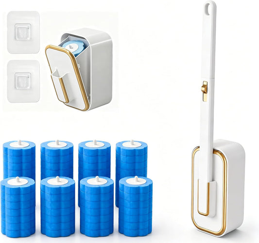 Disposable Toilet Brush and Holder Set with 48 Refill Heads, Hygienic Disposable Brush Head, Wall Mountable Space Saver, No-Touch Handle Operation for Bathroom Cleaner