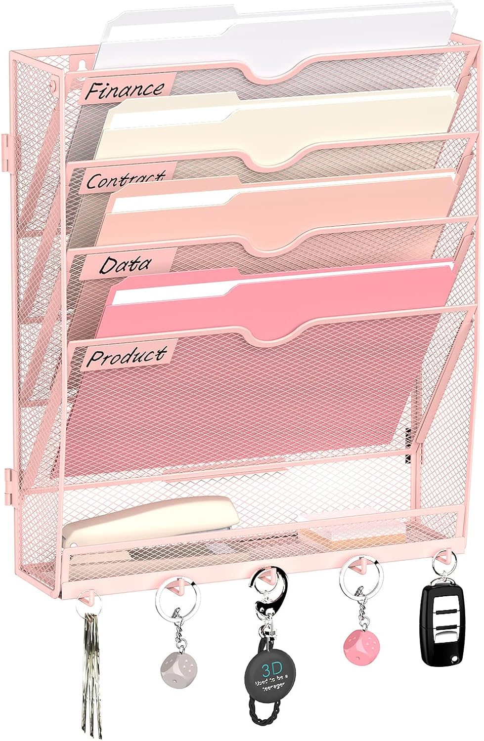 5 Tier Wall File Organizer - Hanging File Organizer with 5 Hooks, Mail Holder Wall Mounted for Papers, Folders, Magazines, Bills, Office&School Organization, Black