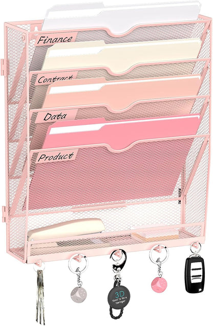 5 Tier Wall File Organizer - Hanging File Organizer with 5 Hooks, Mail Holder Wall Mounted for Papers, Folders, Magazines, Bills, Office&School Organization, Black