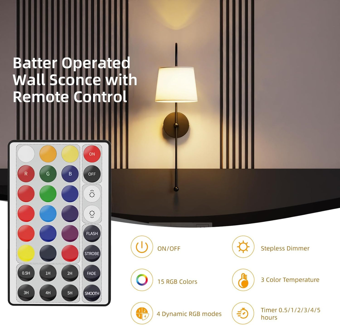 Battery Operated Wall Sconce Set of 2, Rechargeable Wireless Wall Decor Sconces, Two Battery Powered Wall Lights, Dimmable Magnetic RGB Bulbs & Remote, Lamp for Living Room Bedroom - Gold