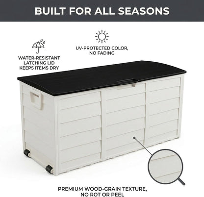 75 Gallon Outdoor Storage Box, 260L Waterproof Resin Deck Box for Patio Furniture Cushions, Garden Tools and Yard Accessories, Lockable Storage Chest with Wheels and Handles (Brown)