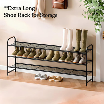 Ekisemio 3-Tier Long Metal Shoe Rack, Wide Stackable Shoe Organizer for Closet & Entryway, with Sturdy Wire Grid Storage Shelf for Bedroom, Black