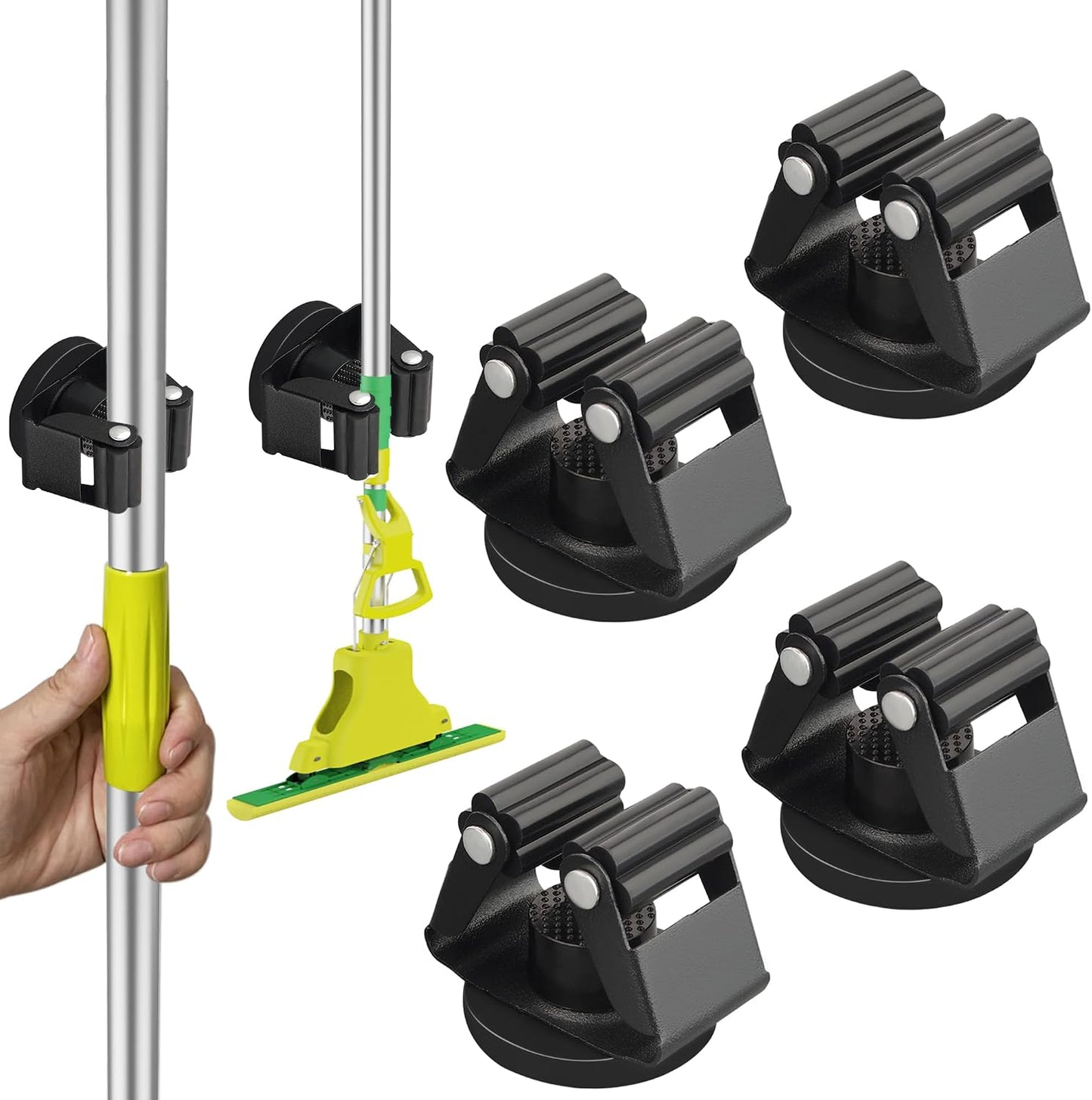 ULIBERMAGNET Magnetic Mop Broom Holder,Heavy Duty Movable Magnetic Broom Holder Rack,Anti-slip Wall Mounted Utility Storage Mop Shovel Hanger for Garage, Kitchen, Laundry, Garden(3 Racks / 4 Hooks)