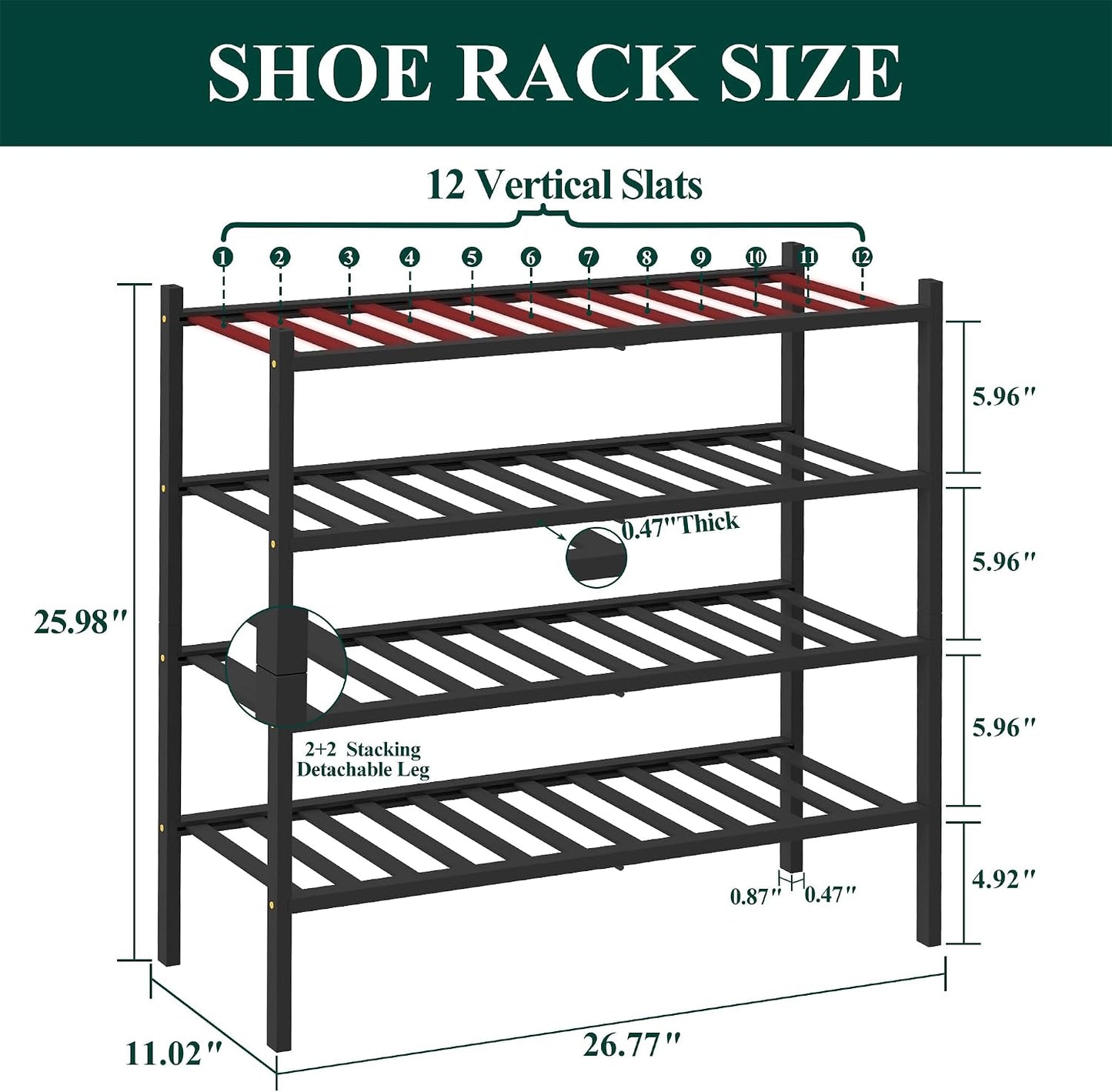 Smiry Bamboo Shoe Rack, 3 Tier Free Standing Wooden Shoe Organizer, Stackable Wood Shoe Storage Shelf for Closet, Entryway, 12 Vertical Slats, 2+1 Stack Standard Legs, 26.8"x11"x19.5", Natural