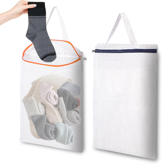 3 PACK Hanging Mesh Laundry Bags with S Metal Hooks,10x12 Inch Hanging Socks Laundry Bags, for Washing Machine