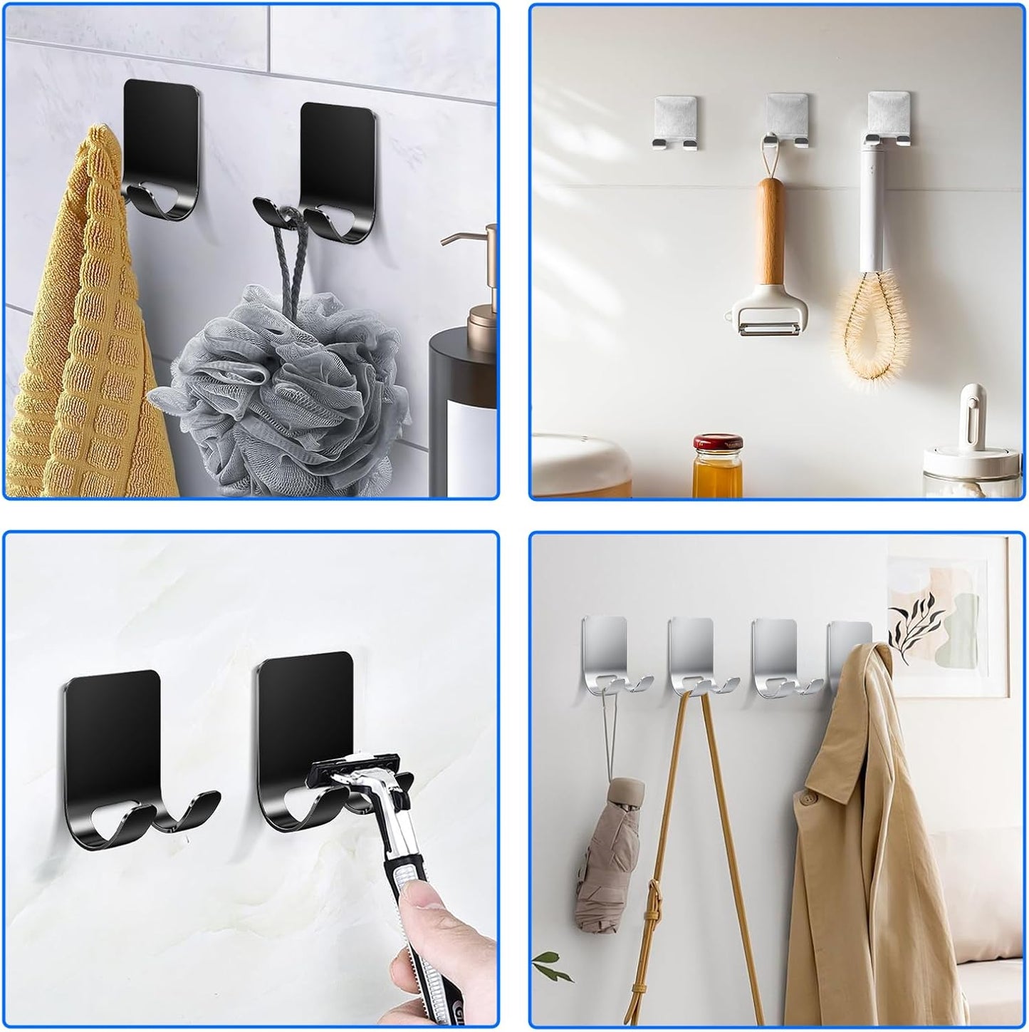 4Pcs Razor Holder, Shaver Hook Hanger, Multipurpose Self Adhesive Double Hooks, Silver Black Stainless Steel Shower Hooks, For Bathroom and Kitchen Storage, Includes Loofah, Towel, Plug, Clothes