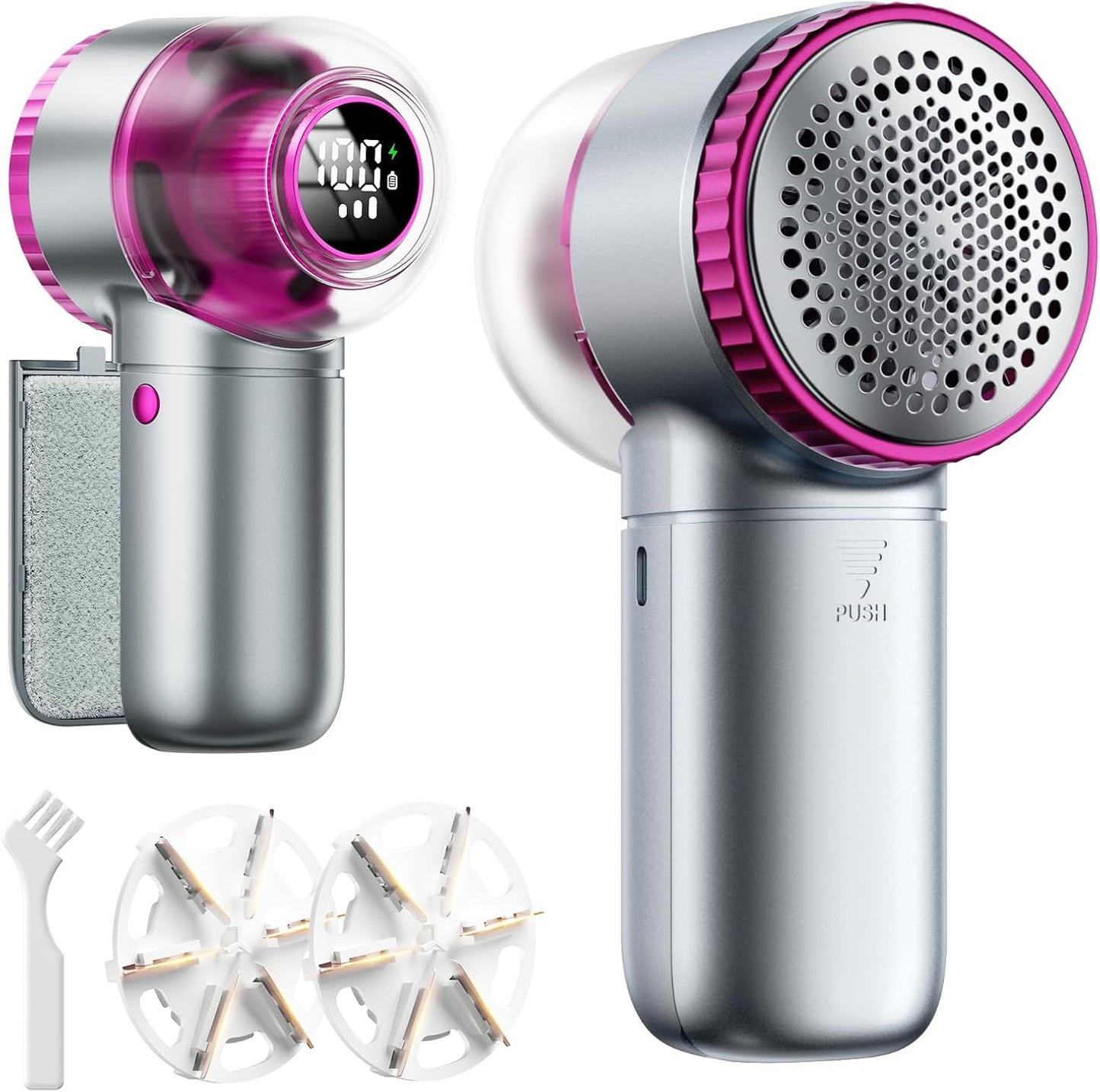 Fabric Shaver, 𝟮 𝗶𝗻 𝟭 Rechargeable Lint Remover with Brush, Large Sweater Shaver with Digital Display, 3 Speeds Lint Shaver, 6-Leaf Blades Lint Remover for Clothes, Sofa, Bedding, White