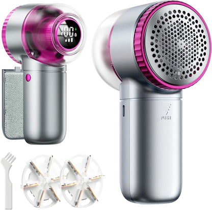 Fabric Shaver, 𝟮 𝗶𝗻 𝟭 Rechargeable Lint Remover with Brush, Large Sweater Shaver with Digital Display, 3 Speeds Lint Shaver, 6-Leaf Blades Lint Remover for Clothes, Sofa, Bedding, White