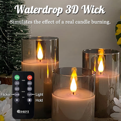 LEDHOLYT Rechargeable Flameless Glass Pillar Candles–Gifts for Women,–Set of 3, Realistic Flickering LED Light,Remote & Timer, Ideal for Living Room, Bedroom & Festival Wedding Home Party Decor