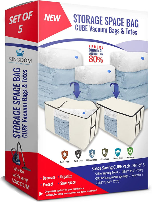Cube Vacuum Storage Bags, Space Saver Bags, Premium Totes with Cubic Vacuum Compression Seal Bags for Clothing & Bedding. Space Saving Jumbo Organizer for Storing Clothes, Comforters,Blankets,Pillows+