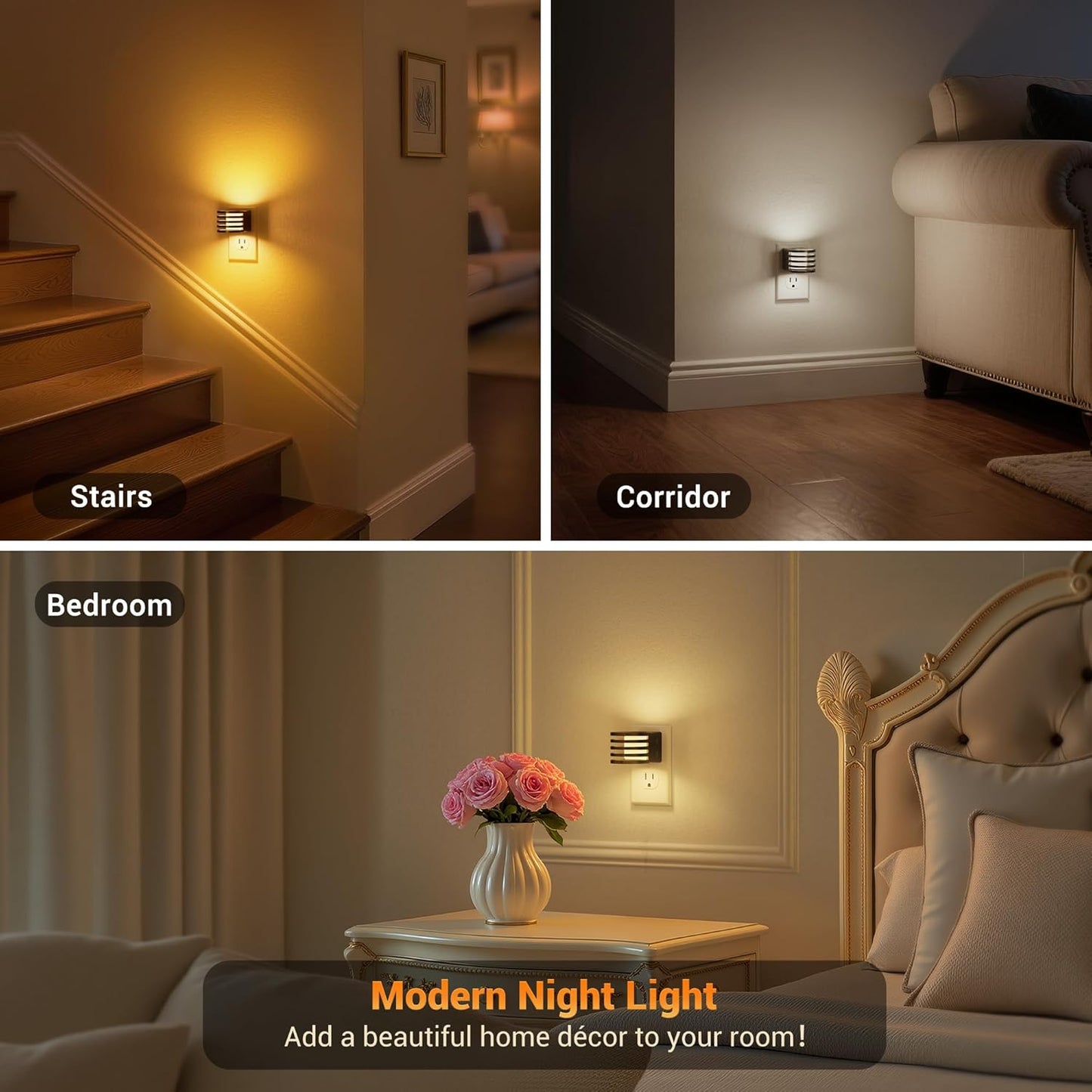 JandCase Motion Sensor Night Light, [2 Pack] Night Lights Plug into Wall, Dusk to Dawn & Motion Sensor, 3 Level Brightness Dimmable Plug in Night Light, 3000K Nightlight for Bedroom Bathroom Hallway