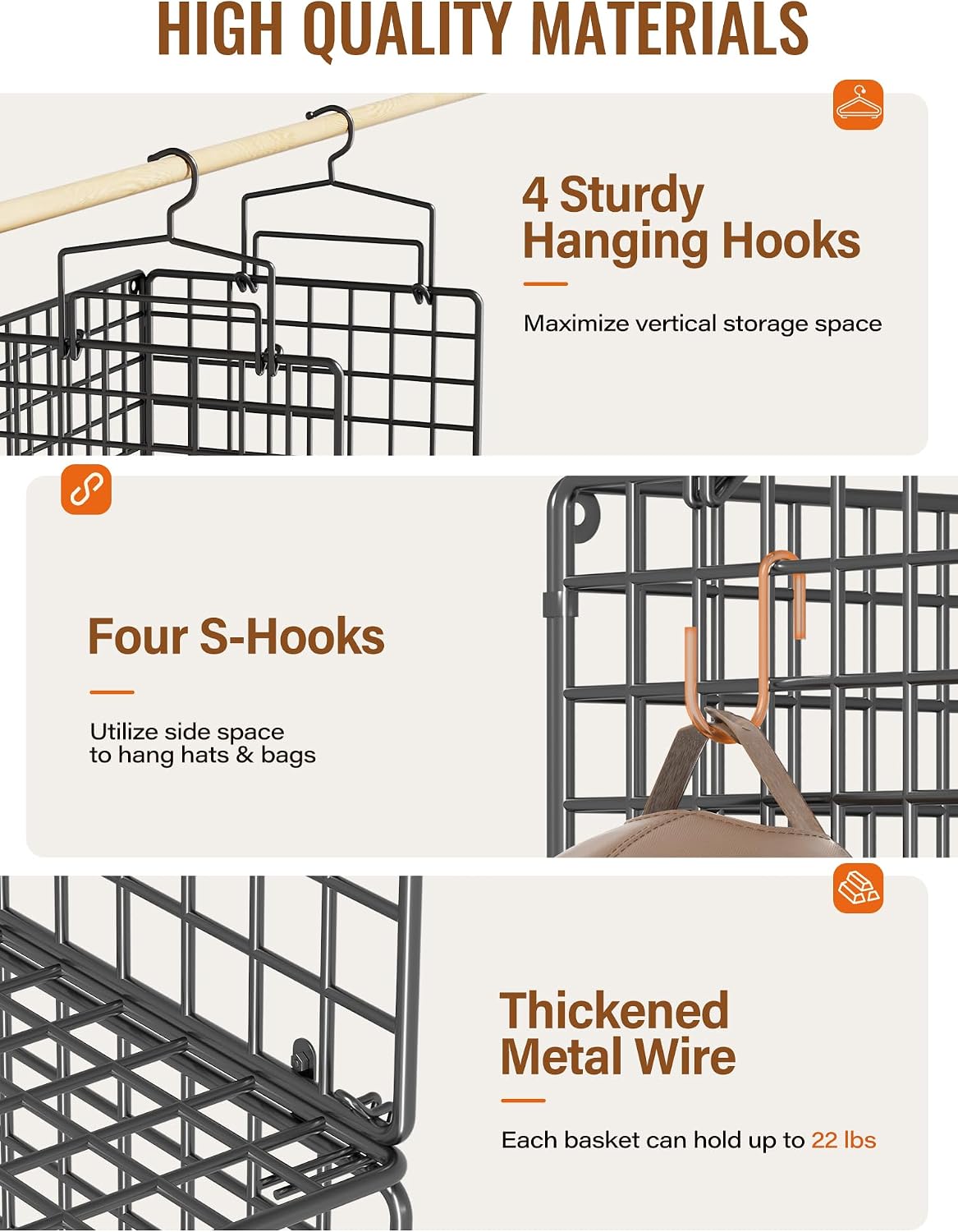 Hanging Closet Organizer, 4 Tier Metal Closet Organizers and Storage with 4 Hanging Hooks 4 S-Hooks for Wardrobe Laundry Room, Wire Storage Shelf for Clothes Sweaters Pants (White)