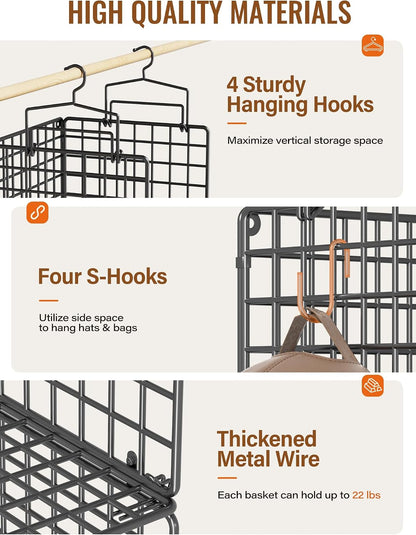 Hanging Closet Organizer, 4 Tier Metal Closet Organizers and Storage with 4 Hanging Hooks 4 S-Hooks for Wardrobe Laundry Room, Wire Storage Shelf for Clothes Sweaters Pants (White)