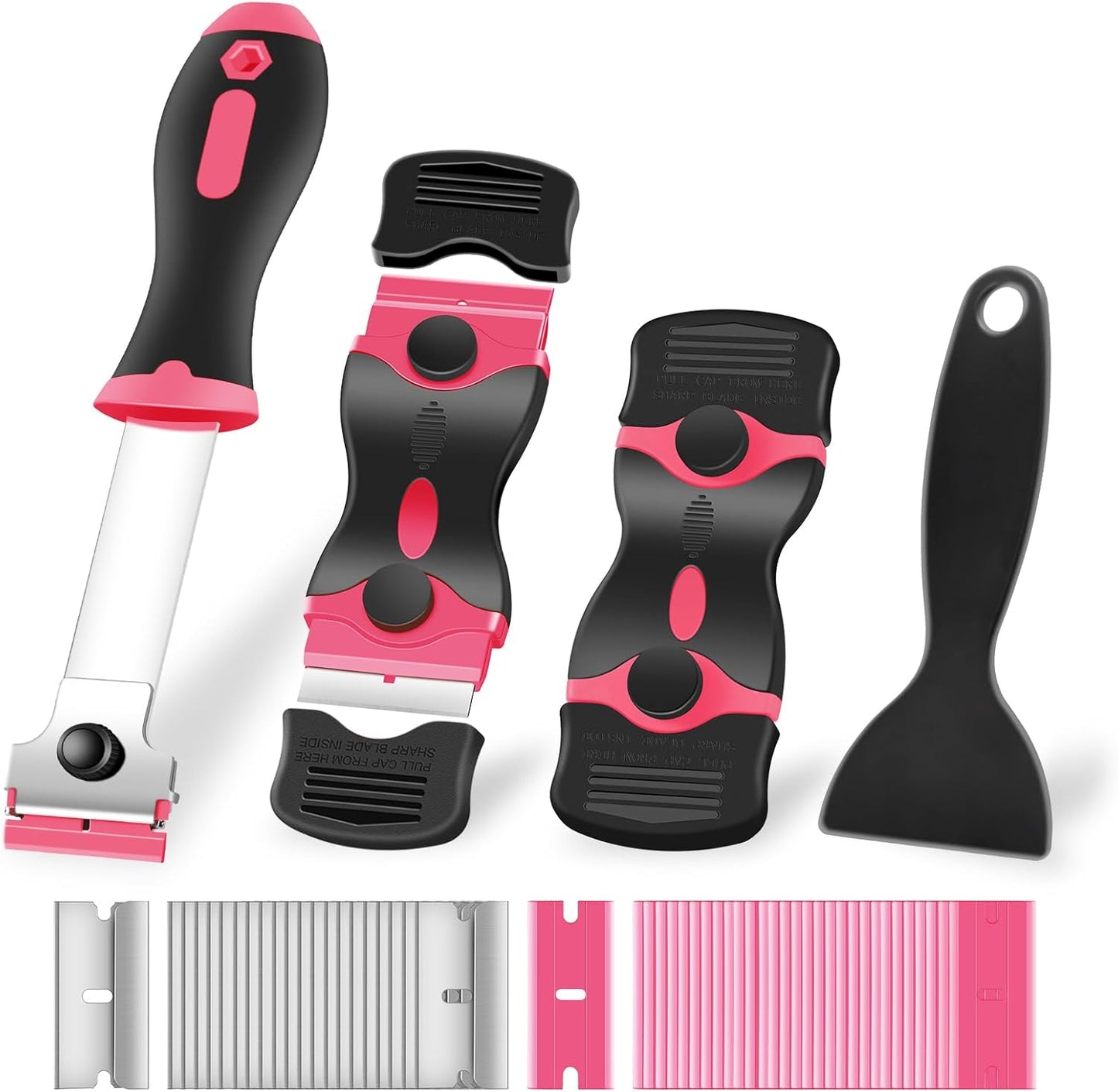 NECAMOCU 4 Pack Razor Blade Scraper, Includes 50 PCS Metal & Plastic Blades | Premium Razor Scraper Tool for Glass, Window, Cooktop, Countertop Cleaning & Sticker, Decal, Paint Removal (Orange)