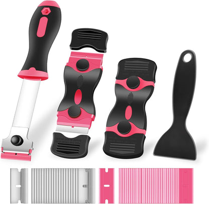NECAMOCU 4 Pack Razor Blade Scraper, Includes 50 PCS Metal & Plastic Blades | Premium Razor Scraper Tool for Glass, Window, Cooktop, Countertop Cleaning & Sticker, Decal, Paint Removal (Orange)