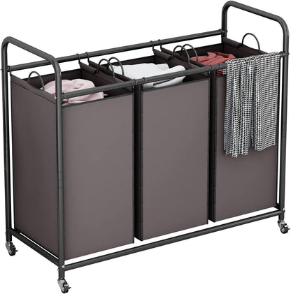LINZINAR 3-Bag Laundry Hamper, Black Laundry Basket, 35.6 Gal(135 L) Laundry Sorter Cart Laundry Room Organization with Heavy Duty Rolling Lockable Wheels and Removable Bags