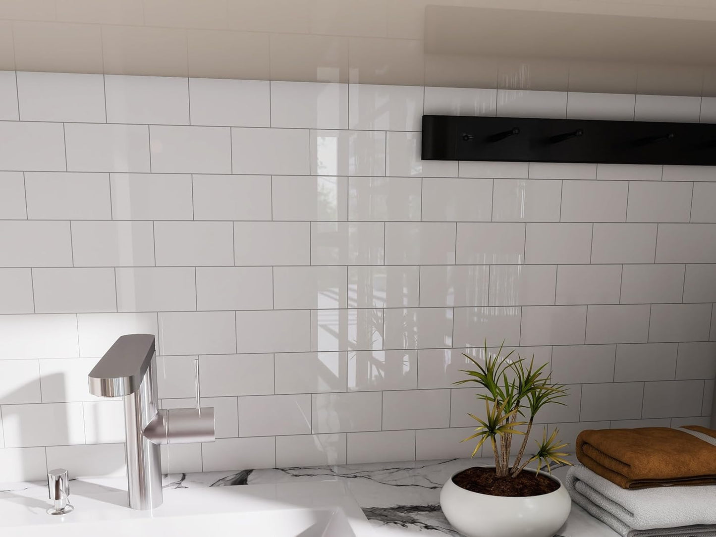 Colamo Luxury 10-Sheet Peel and Stick Backsplash,Self Adhesive Faux Stone 12”x12” White Subway Tile for Kitchen,Glossy Waterproof Carrara Brick Marble Look,Stick on Accent Wall for Bathroom,Bedroom