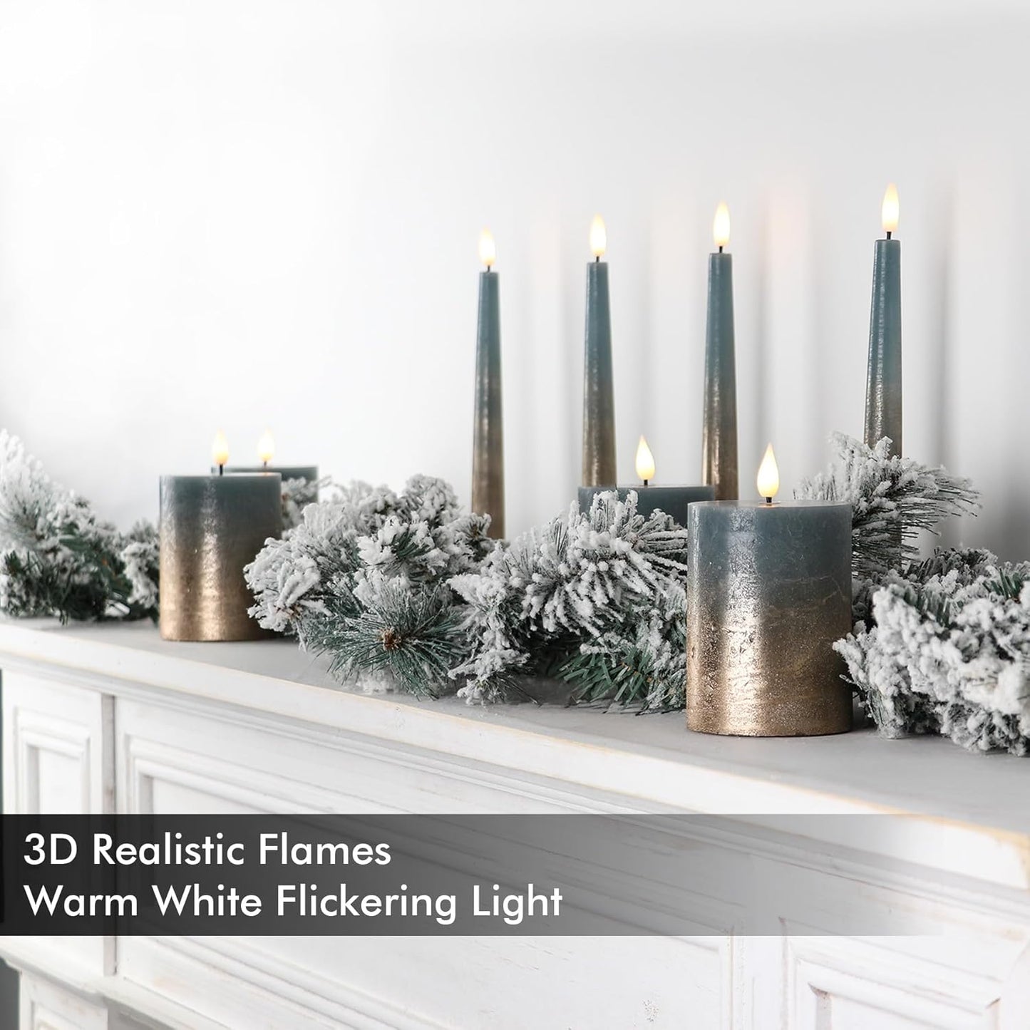 Fanna Flameless LED Pillar Candles with Timer for Wreath, Battery Operated Rustic Wax Candles with Remote for Christmas, 8 Batteries Included - Set of 4 (D 3" x H 4") - Sand Grey/Gold