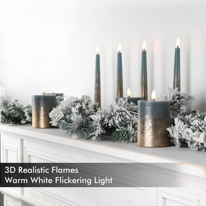 Fanna Flameless LED Pillar Candles with Timer for Wreath, Battery Operated Rustic Wax Candles with Remote for Christmas, 8 Batteries Included - Set of 4 (D 3" x H 4") - Sand Grey/Gold